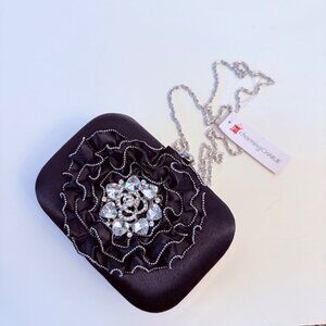 Charming Charlie Black Satin Clutch Purse Rhinestone Evening Bag Hard Case Ruffl